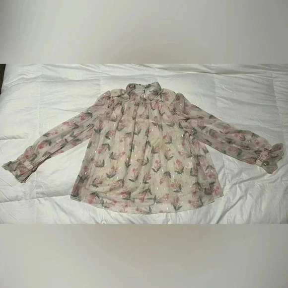 lined floral sheer blouse, sz S, cream, pink, green, Spring, Easter - Picture 4 of 11